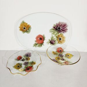 Chance Glass England Lot of 3 Anemone Floral Painted Serving Plate Pedestal Vtg